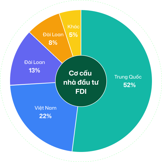 Cơ cấu nhà đầu tư FDI: Trung Quốc 52%, Việt Nam 22%, Đài Loan 13%, Khác 13%